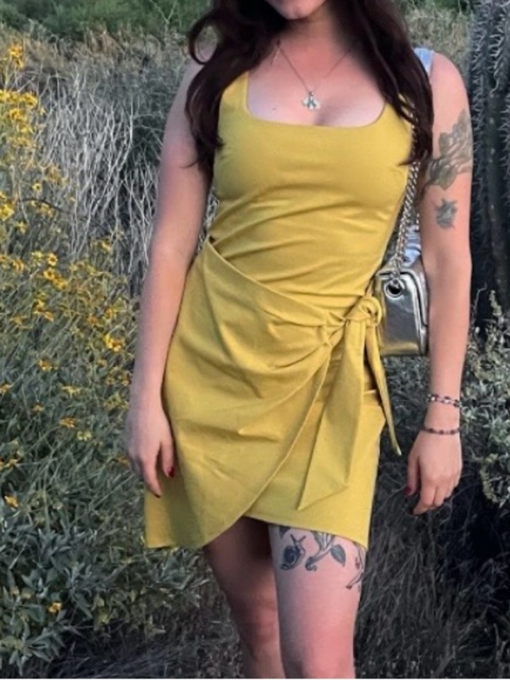 Express Mustard Yellow Wrap-Tie Mini Dress